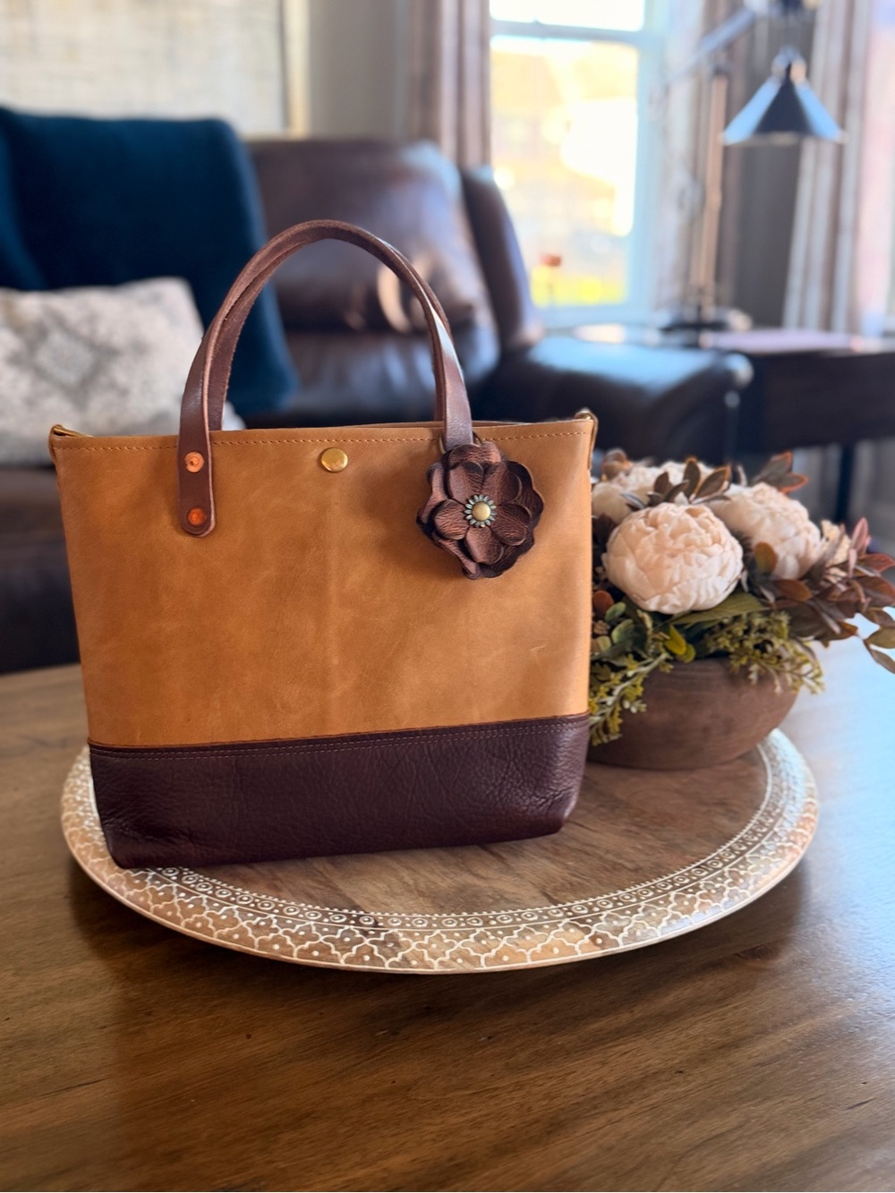 KMM & CO Mini Panel Tote in Natural and Walnut Bison GUC.